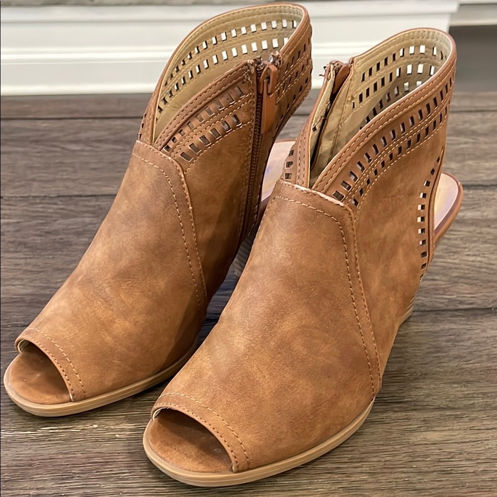 CL by Laundry Tan Peep-Toe Ankle Booties with Cut-Out Design